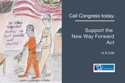 [ai] An illustration depicting a person in an orange outfit, handcuffed and shackled, entering a courtroom. The background includes a U.S. flag. Text at the top encourages calling Congress to support the New Way Forward Act, H.R.536.